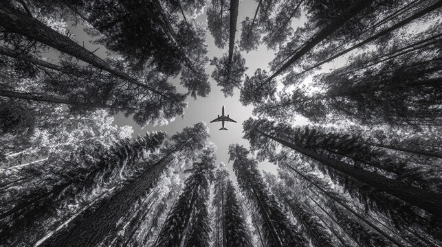 xtreme low-angle shot looking straight up. A dense pine forest lines the sides of the frame, with the underbelly of an airplane visible in the sky at the center of the image