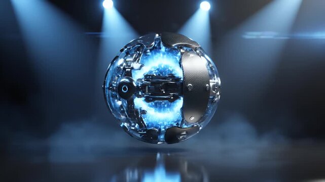 Futuristic spherical device with glowing blue core, illuminated by spotlights