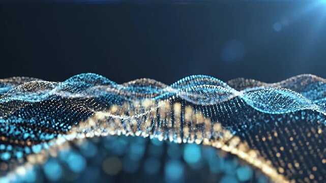 Abstract digital waves of blue and gold light particles against a dark background