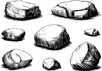 Hand Drawn Collection of Various Textured Rocks White Background stone © MdShahjamal