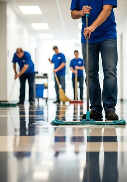 Cleaners mopping hallway floor cleaning janitorial