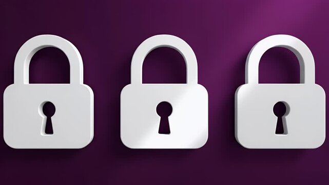 Three white padlocks lined up on a purple background