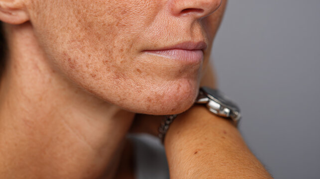 Closeup of female cheek with visible hyperpigmentation and uneven skin texture highlighting dermatology concern and cosmetic skincare analysis