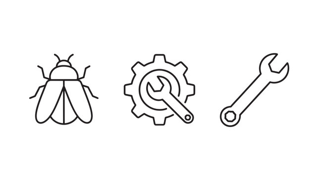 Bug Icon With Gear And Wrench, Software Debugging Development Tools Line Icon Symbol
