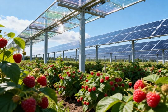 Moderne Agrivoltaik-Anlage &uuml;ber einem Himbeerfeld, Solarpaneele sch&uuml;tzen Nutzpflanzen vor Hitze, nachhaltige Landwirtschaft der Zukunft