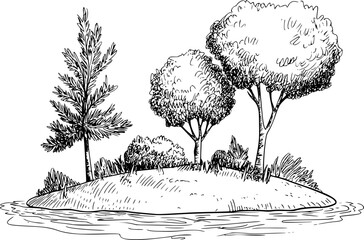 Hand drawn of a small island with diverse trees and foliage surrounded by water nature © MdShahjamal