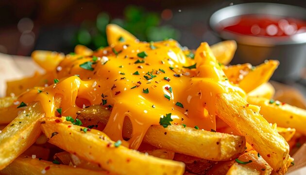 とろけるチーズソースがかかったフライドポテトのジャンクフード感あふれるクローズアップ