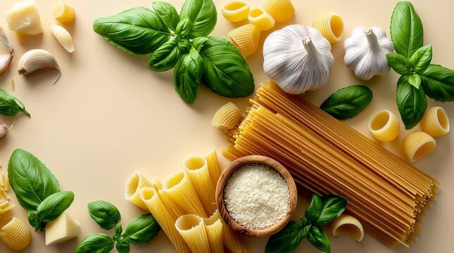 Panning shot of assorted pasta ingredients with basil garlic cheese arranged on neutral kitchen countertop surface