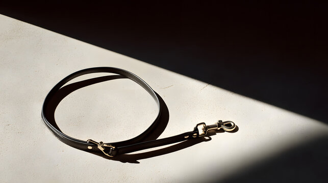 Black leather leash rests on white surface
