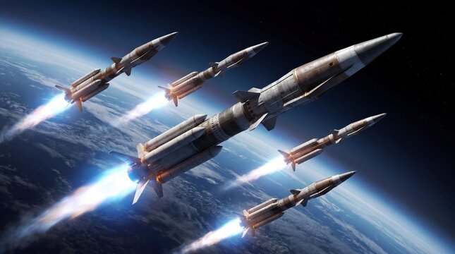 Futuristic Space Fleet Launching Missiles Towards Earth Orbit.