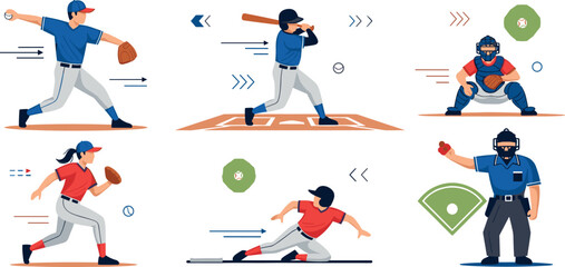 Fototapeta premium Baseball Players Action Illustration Set with Pitching, Batting, Catching, Sliding and Umpire Game Scenes