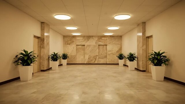 A dark, empty corridor transforms into a bright, modern, and elegant hallway. This space evolves with stylish decor, warm lighting, and lush green plants.