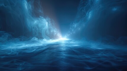 Fototapeta premium Mysterious glowing path with fog and blue light, cinematic background