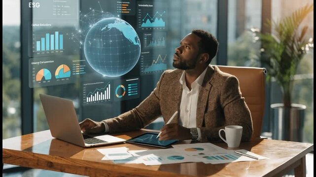 Businessman using tablet and smartphone with ESG icon overlay. Concept of sustainable business, environmental responsibility, social impact, and good corporate governance in digital era.