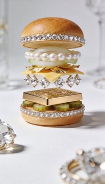 Luxury burger with diamonds, pearls and gold leaf layers, exploded view, creative food art concept on white background