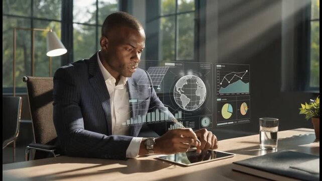 Businessman using tablet and smartphone with ESG icon overlay. Concept of sustainable business, environmental responsibility, social impact, and good corporate governance in digital era.