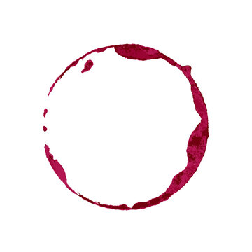 Wine glass stain. Red circular wine ring and splashes on white background. Realistic beverage mark for bar or restaurant design, menu decoration. Texture realistic vector illustration.