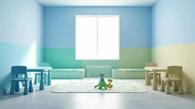 An empty room transforms into a vibrant, colorful children's play area. Watch as a plain space becomes a fun, inviting environment for kids.