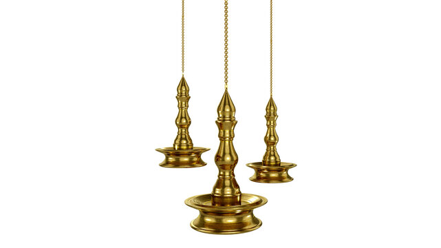 Trio of Traditional Golden Hanging Vilakku Lamps on Black Background