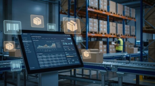 Stock Control: Inventory database displayed in warehouse system with floating box and barcode icons

