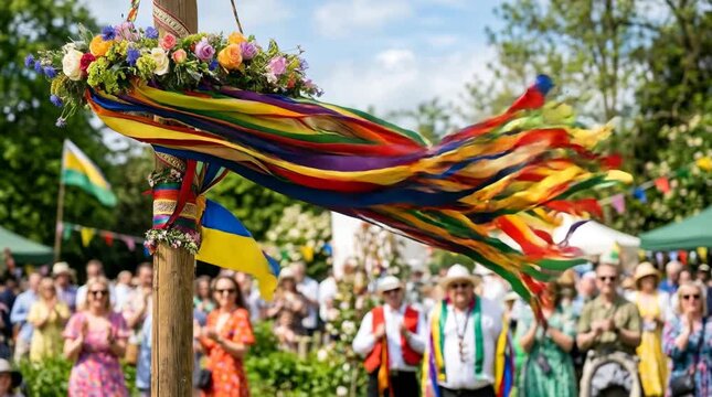 Colorful ribbons flowing from a decorated maypole during an outdoor festival with people in background, showing tradition, celebration, community gathering, and seasonal cultural event.