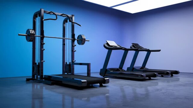 A modern gym space is revealed with dynamic lighting. Fitness equipment materializes in a sleek, minimalist environment.