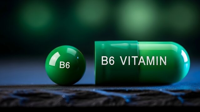 Close-up of a green capsule with B6 VITAMIN text and a small green sphere labeled B6 on a dark, textured surface with blurred green background