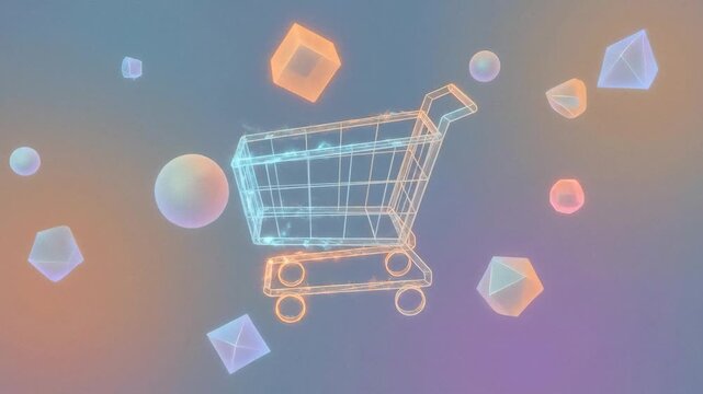 Digital wireframe shopping cart with floating glowing geometric shapes in a futuristic 3d environment