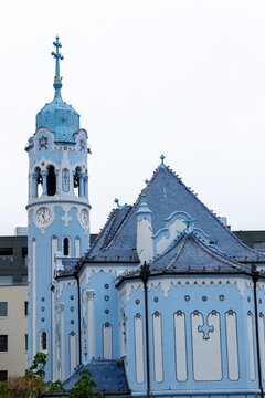 View of the Church of St. Elizabeth, also known as the Blue Church, stands out with its unique blue facade against a muted sky, Bratislava, Bratislava Region, Slovakia.