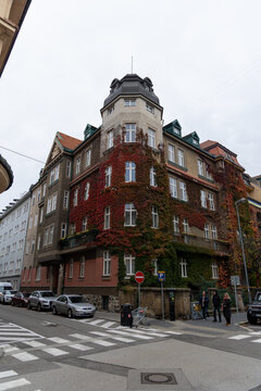 View of a vibrant corner building, adorned with a tapestry of red and green ivy, stands proudly against a backdrop of grey skies and pedestrian crossing, Bratislava, Bratislava Region, Slovakia.