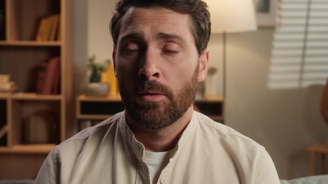 Close up sad Caucasian middle-aged man negative pensive thinking unhappy lonely at couch at home upset adult bearded male homeowner feeling sorrow bad mood think frustration grief breakup problem