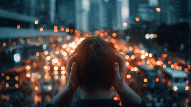 A person stands overwhelmed on a city street at night covering their ears