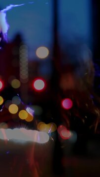 Vertical video: Singer emerging from window overlay singing into mic under neon rim bokeh for music