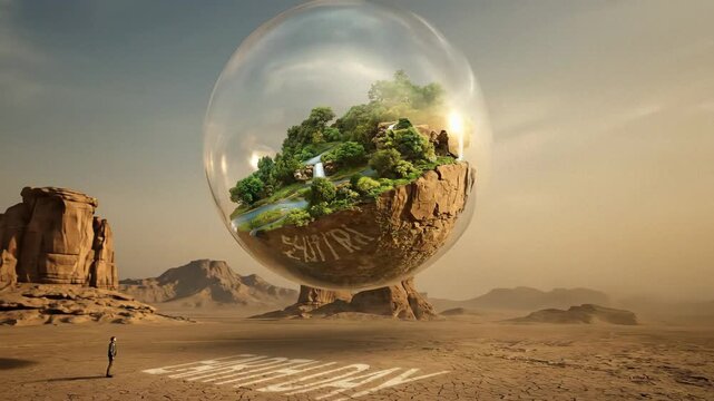 Floating forest oasis inside glass bubble in barren desert for earth day environmental concept