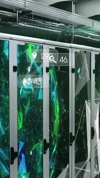 Vertical video: Panels pulsing, glass-front cabinets launching UI badges to show engagement counts