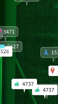 Vertical video: Green panel emitting nodes spawning tech alerts drifting showing icons and metrics
