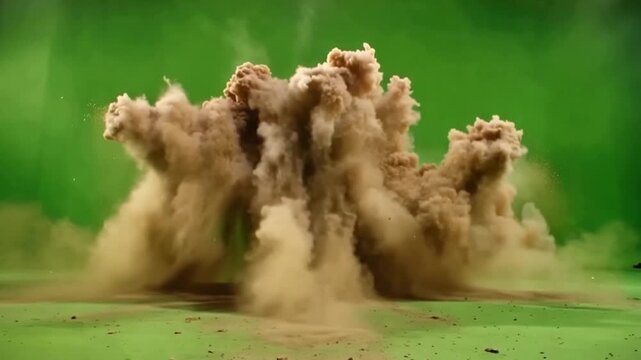 Dust explosion with brown smoke, flying debris, dirt cloud, and particles rising dynamically on clean green screen background capturing dramatic motion and airborne impact blast energy