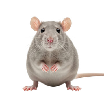 A gray rat standing on its hind legs with its front paws together isolated on transparent background