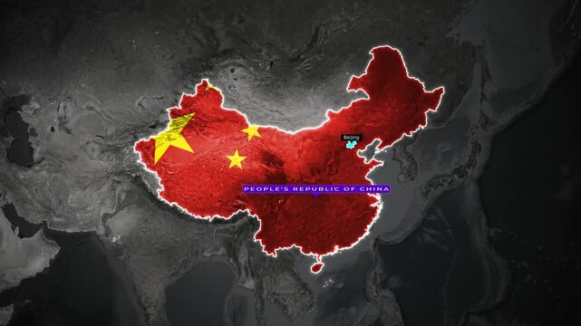 Red Highlighted Color Map of china with flag inside map over world map background