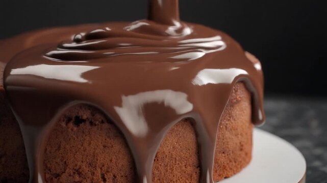 Luscious chocolate cake receiving a generous pour of rich, glossy ganache, enhancing its decadent appeal for a truly tempting sweet indulgence
