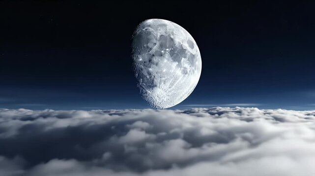 A luminous moon hangs above a sea of fluffy clouds under a star-filled sky