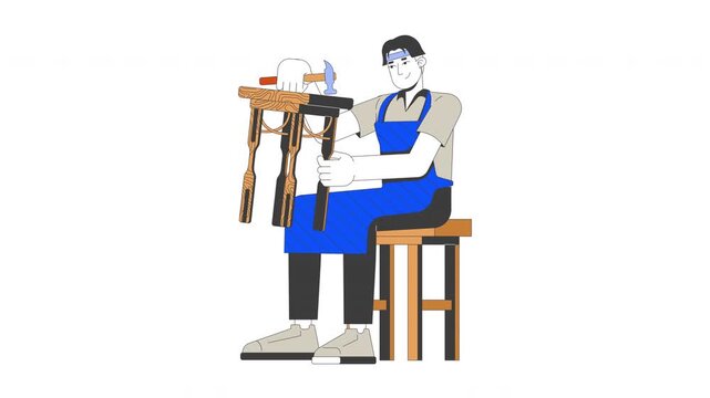Carpenter hammering wooden stool cartoon animation. Furniture making. Carpentry woodworking. Artisan repairer. Skilled trade craftsman uses hammer animated flat 2D character 4K video isolated on white