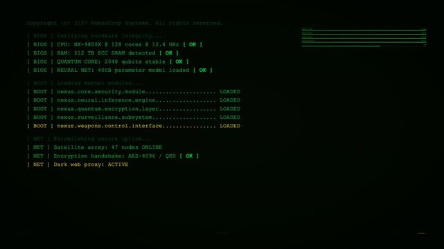 System Boot Terminal Animation - Sci-Fi OS Startup Sequence with Boot Log, Progress Bars & Auth Loop