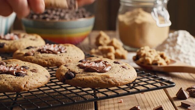 Delicious chocolate chip cookies cooling on rack with baking ingredients
