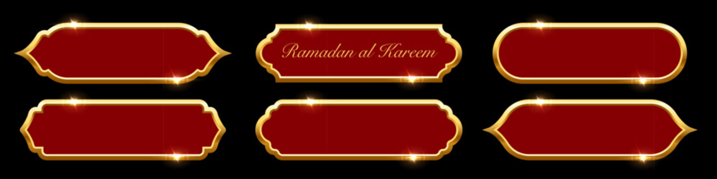 Ramadan frames. Islamic frames with gold borders shown as red decorative labels in traditional Arabian shapes. Set of banners for Ramadhan and oriental festive design. Luxury vector illustration