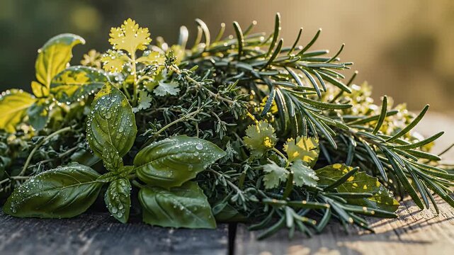 A close-up of fresh herbs with water droplets on wooden planks