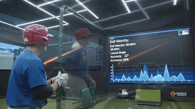Athlete swings at a baseball in an indoor training facility with screens