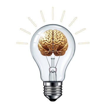 A brain inside a glowing light bulb representing an idea isolated on transparent background