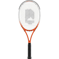 An orange and black tennis racket with a white string isolated on transparent background