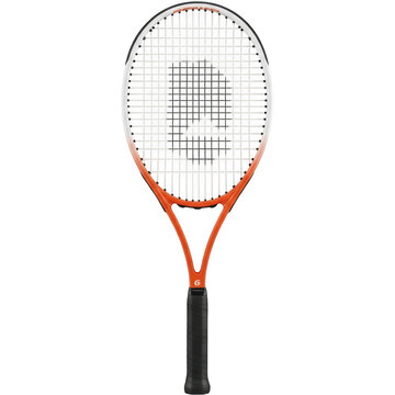 An orange and black tennis racket with a white string isolated on transparent background